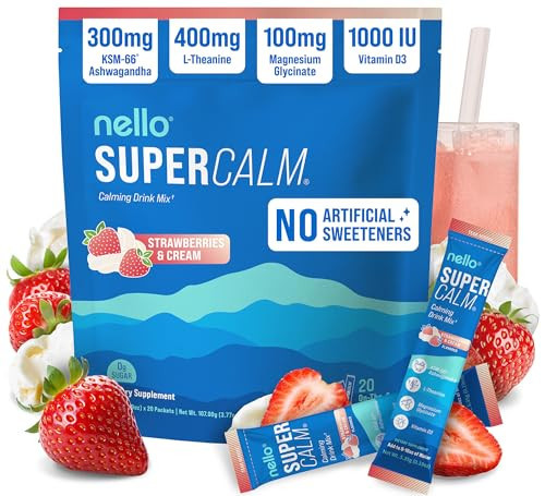Nello Supercalm Powdered Drink Mix, Cortisol Reducer*, Sleep Aid Supplement, L Theanine, Ksm-66 Ashwagandha, Magnesium Glycinate, Vitamin D 3, No Sugar, Non GMO, 20 Ct, Strawberries & Cream | Amazon (US)