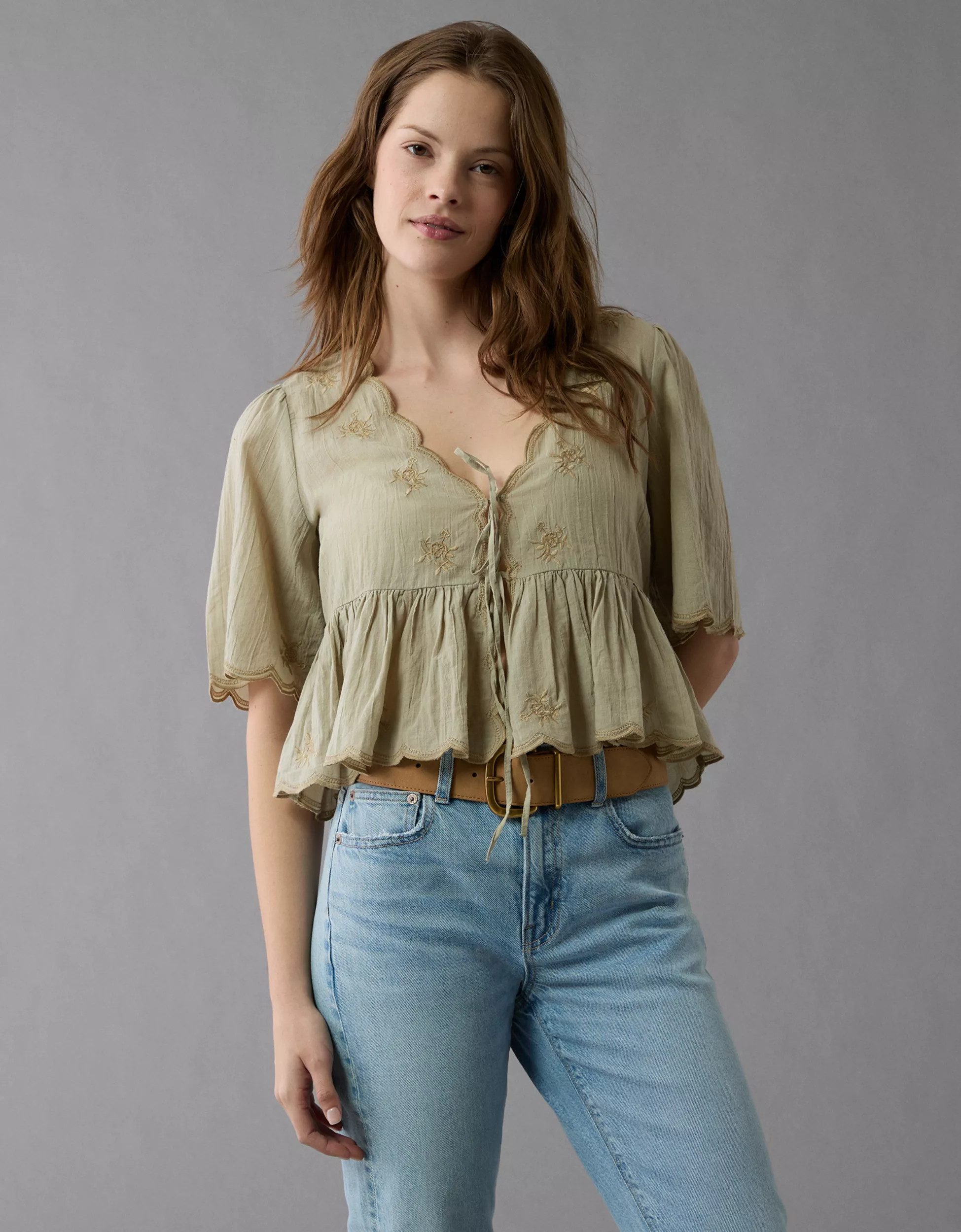 AE Embroidered Tie Front V-Neck Blouse | American Eagle Outfitters (US & CA)