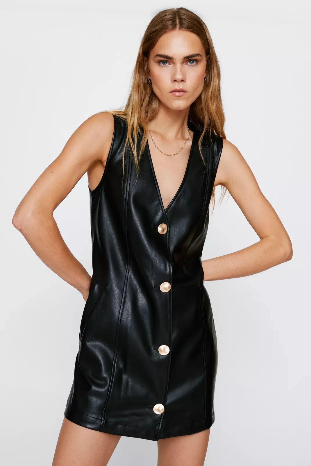 Faux Leather Button Down Pinafore Mini Dress | Nasty Gal (US)