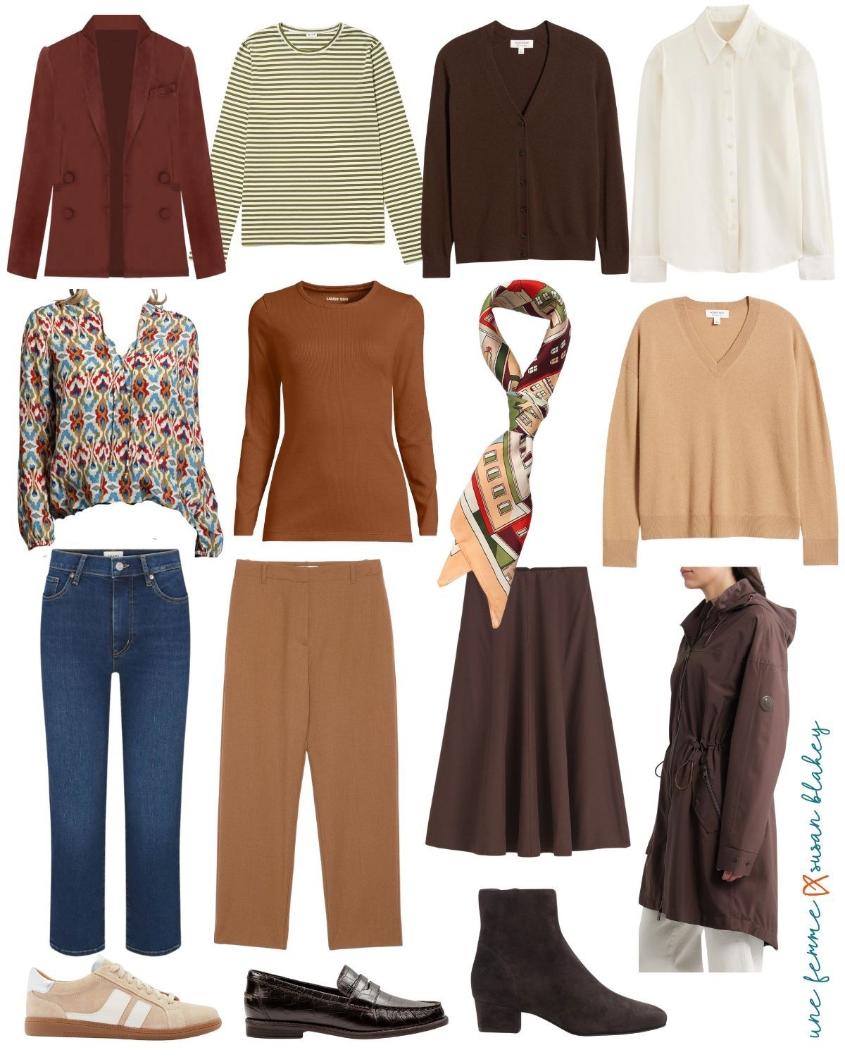 Travel made simple ✈️ This capsule is built around a warm color palette of rich browns, camel, rust, and cream—earthy, timeless tones that mix and match beautifully. With just a few pieces—like a tailored blazer, easy knits, classic denim, and a versatile skirt—you can create polished looks for sightseeing days, cozy layers for travel days, and chic outfits for evenings out. Add in comfortable shoes and a lightweight coat, and you’re set for effortless style wherever the journey takes you. 🤎✨ 

#LTKOver40 #LTKPetite #LTKSeasonal
