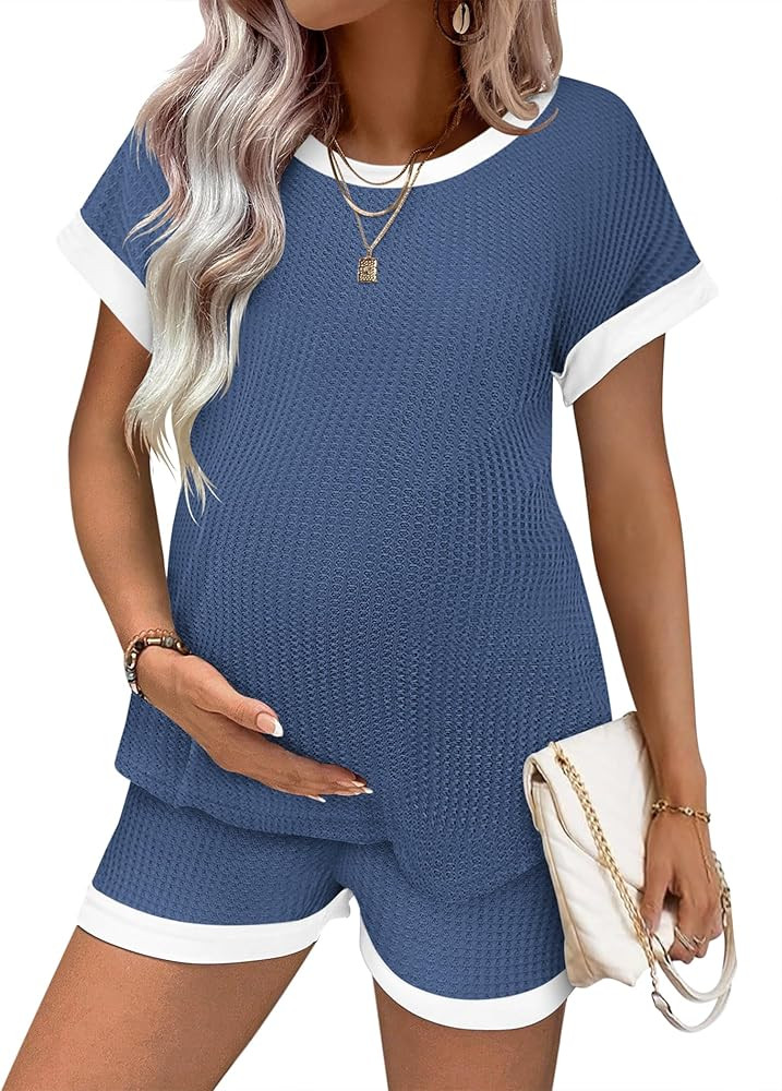 Ekouaer Women's Waffle Knit Maternity Pajamas 2 Piece Outfits Short Sleeve Tops and Shorts Lounge... | Amazon (US)