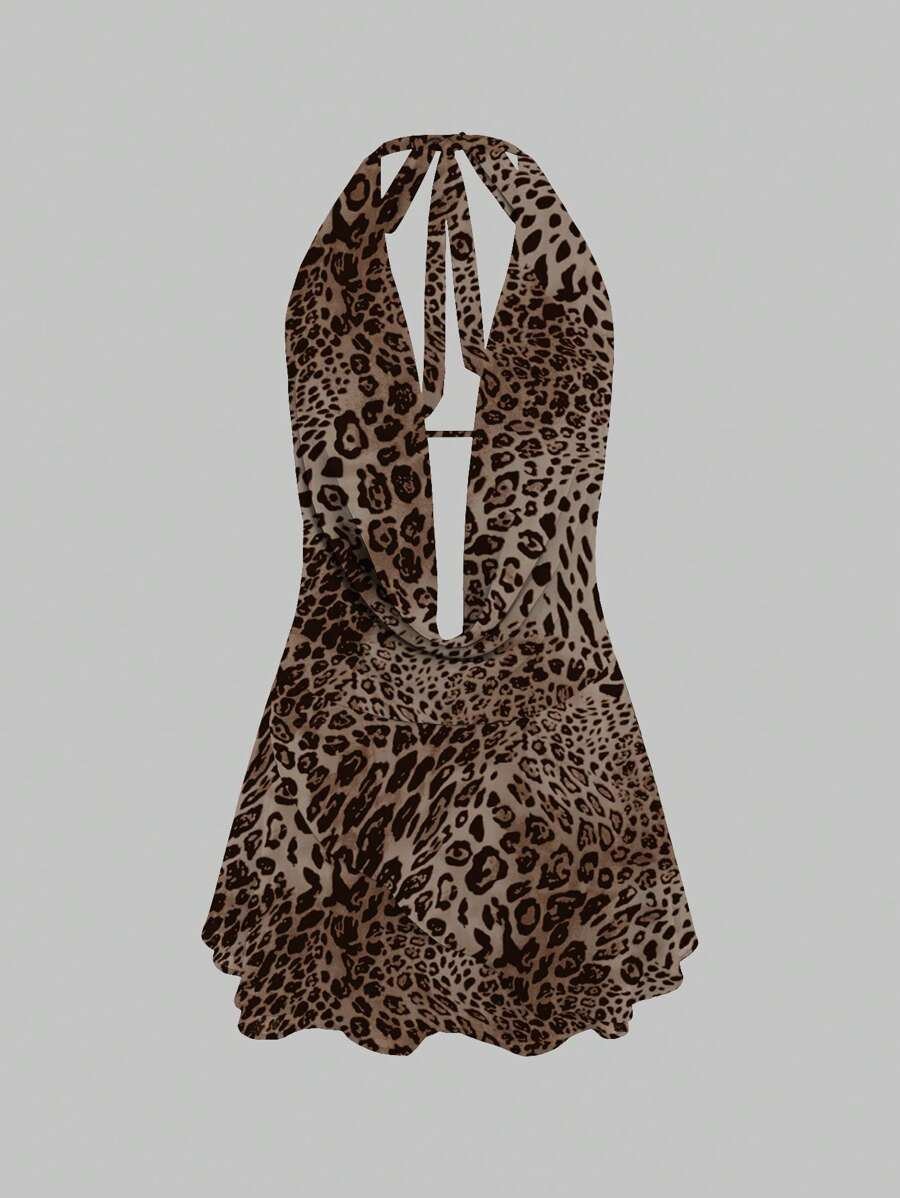 INAWLY Women's Mini Halter Neck Leopard Print Dress, Casual And Fashionable For Daily Wear | SHEIN