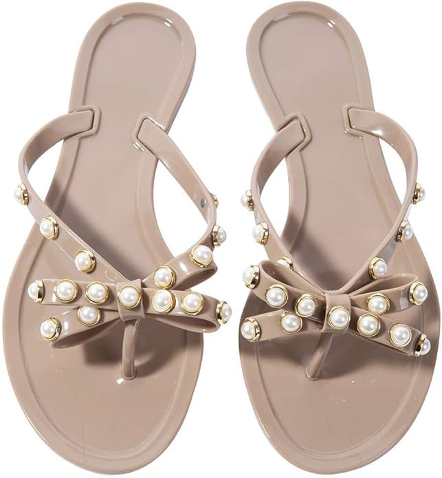 Mtzyoa Women Flip-Flops Pearls Bow Sandals Beach Flat Rivets Rain Jelly Gold Pearls | Amazon (US)