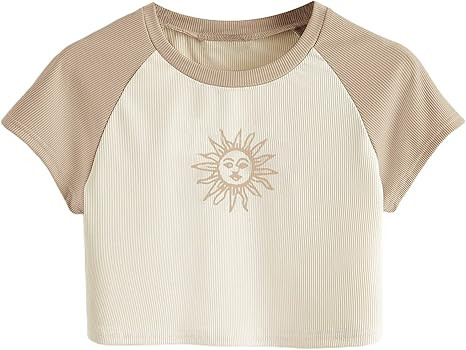 Remidoo Women's Casual Short Sleeve Angel Print Rib Knit Crop Top T-Shirt | Amazon (US)