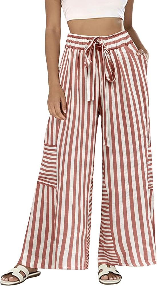 Bankeng Womens Summer Casual Striped Pants Loose Wide Leg Lounge Pants Elastic Waist Palazzo Trou... | Amazon (US)