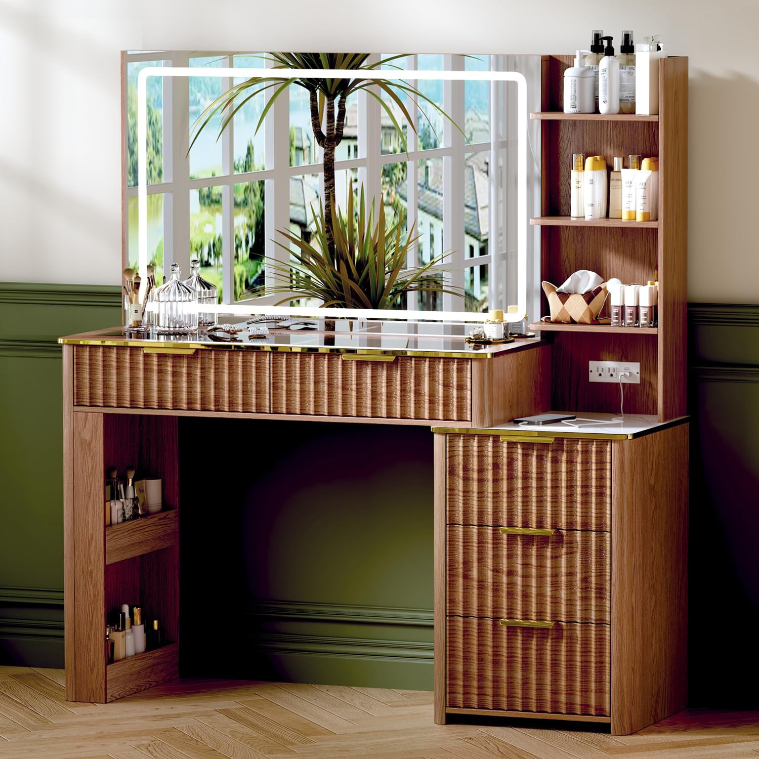 Modern Vanity Desk with Mirror and Lights, 49.2'' Fluted Makeup Vanity Desk with 5 Drawers and Sh... | Amazon (US)