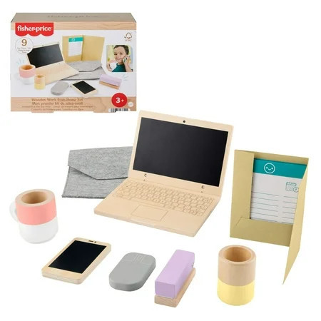 Fisher-Price Wooden Work From Home Set, Pretend Office Playset with Wood Laptop for Kids, 9 Pieces | Walmart (US)