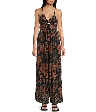 Angie Sleeveless Large FloralBorder Print Keyhole Knot Front Wide Leg Jumpsuit - L | Dillard's