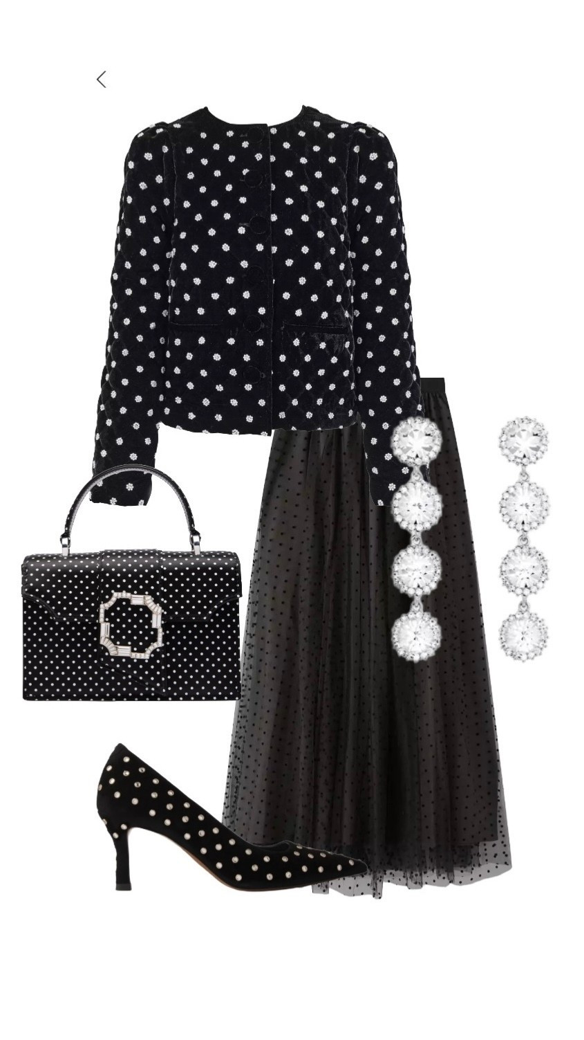 Polka Dot Perfection this Party Season! 

Queens of Archive Black Velvet Jacket & Statement Silver Drop Earrings by Jon Richard - both at John Lewis

Embellished Black Heels - Maje

Audrey Silk Polka Dot Handbag - Malone Souliers On SALE at Harvey Nichols 

Black Polka Dot Tulle Skirt - LK Bennett (use 15% discount code REBECCALIPKINAUTHOR15)  

#LTKluxury #LTKpartywear #LTKeurope