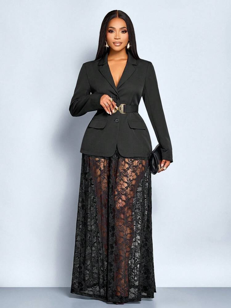 SOLERSUN Women's New Autumn/Winter/Spring/Summer Retro Rich Style Business Casual Metallic Belt Suit Jacket With Lace Skirt Black Valentine's Day Set | SHEIN