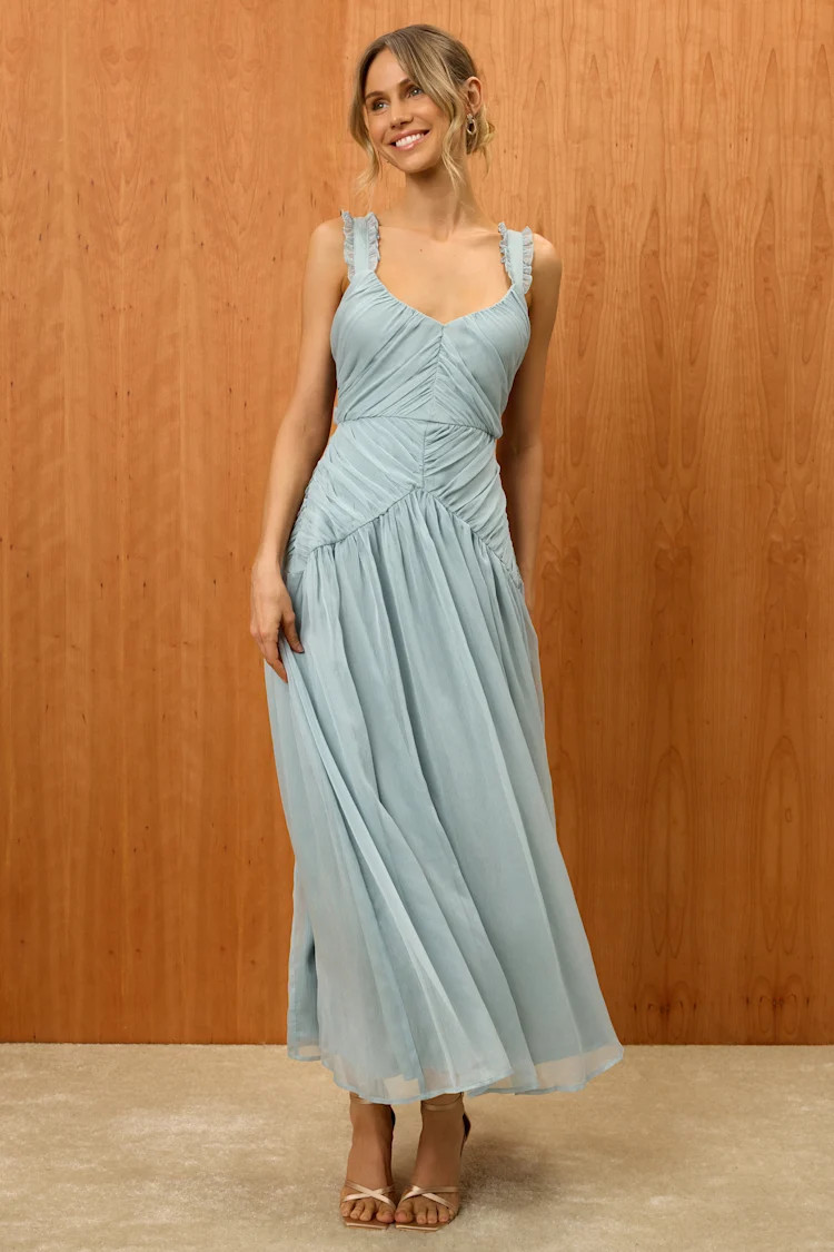 Laufey Dusty Blue Pleated Drop Waist Midi Dress | Lulus