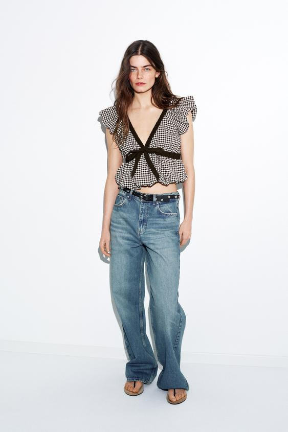 GINGHAM BALLOON TIE TOP | Zara US