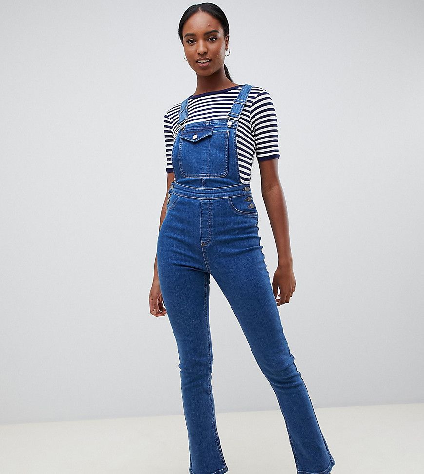 ASOS DESIGN Tall denim overall with kickflare in midwash blue - Blue | ASOS US