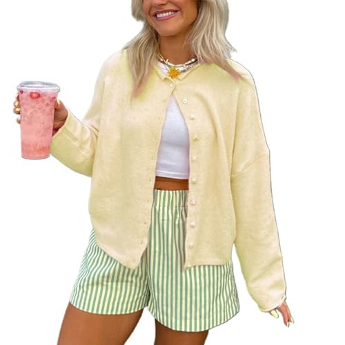 Women Casual Cardigan Sweaters Crewneck Button Down Knit Tops Going Out Lightweight Knitwear(Yellow,M) | Amazon (US)