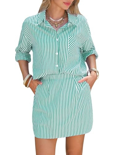 Amazon.com: EXLURA Womens Summer 2 Piece Sets 100% Cotton Striped Long Sleeve Button Shirts Match... | Amazon (US)