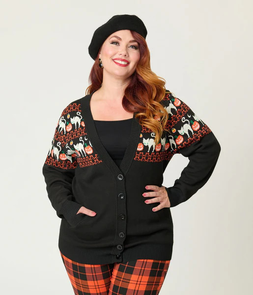 Unique Vintage Plus Size Jack-O-Lantern Cat Fair Isle Button Cardigan | UniqueVintage