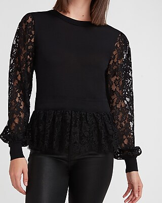 Lace Sleeve Crew Neck Sweater | Express