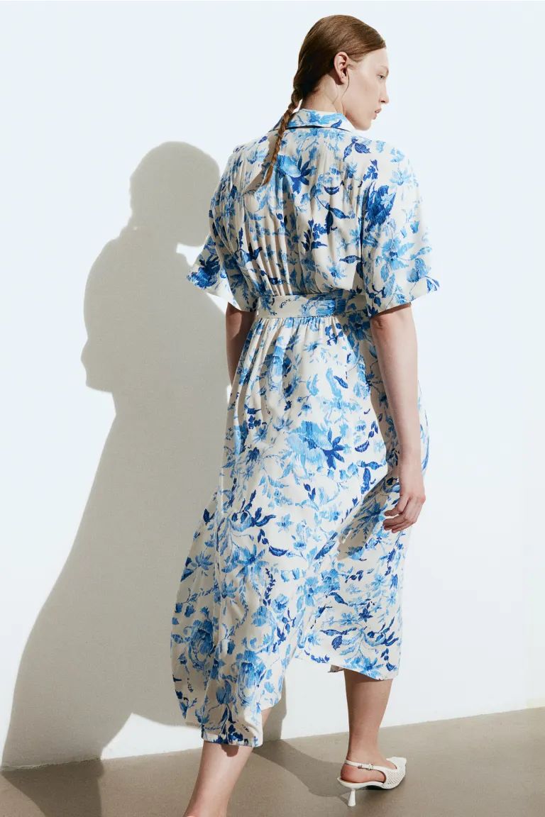 Tie-belt Shirt Dress - Short sleeve - Midi - White/blue floral - Ladies | H&M US | H&M (US + CA)