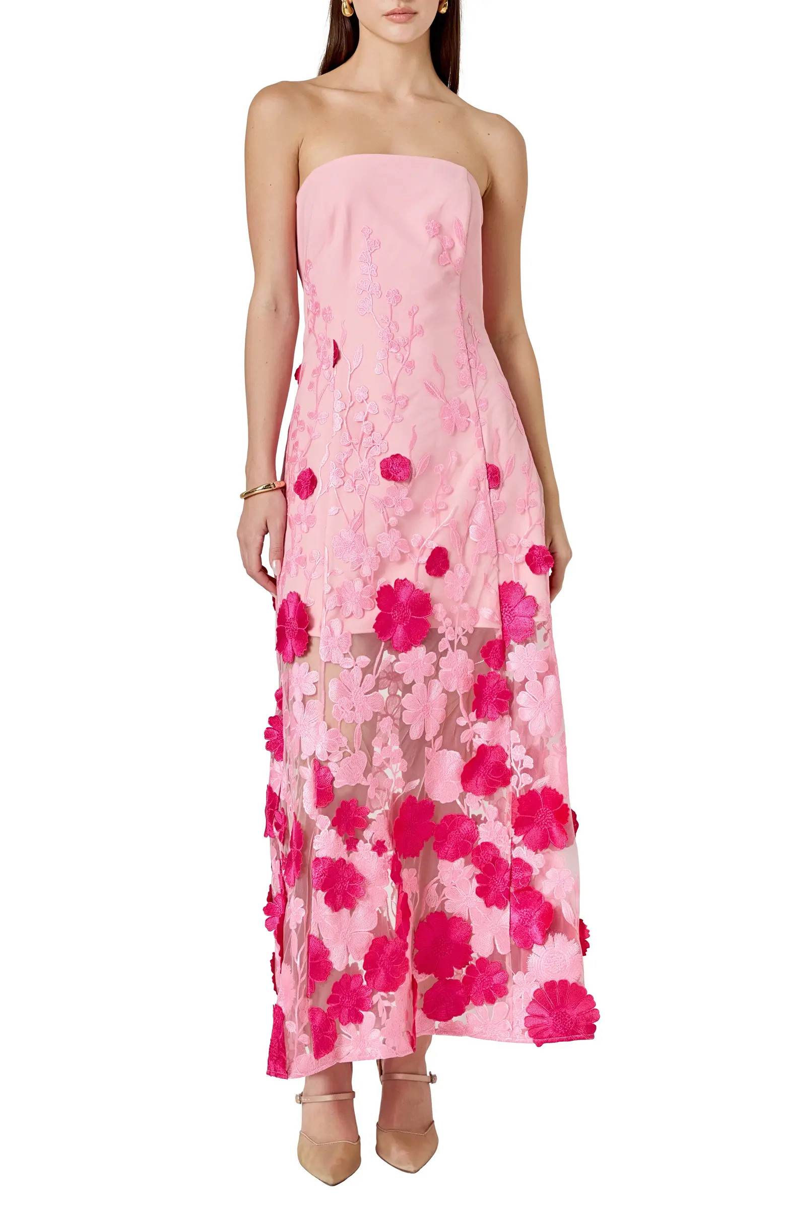 Embroidered 3D Appliqué Strapless Dress | Nordstrom