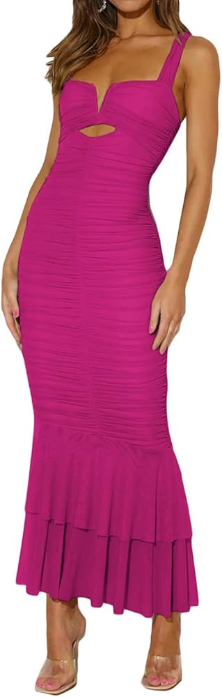 houstil Women's Strap Wedding Guest Dress Wrinkles Mesh Bodycon Party Maxi Cocktail Cut Out Clubw... | Amazon (US)