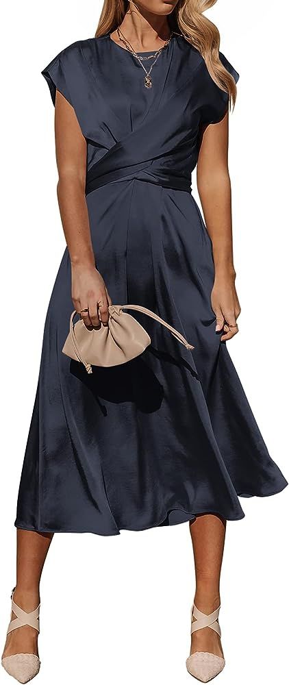 PRETTYGARDEN Women's 2023 Summer Satin Midi Dress Cap Sleeve Tie Waist Elegant A-Line Flowy Dress... | Amazon (US)