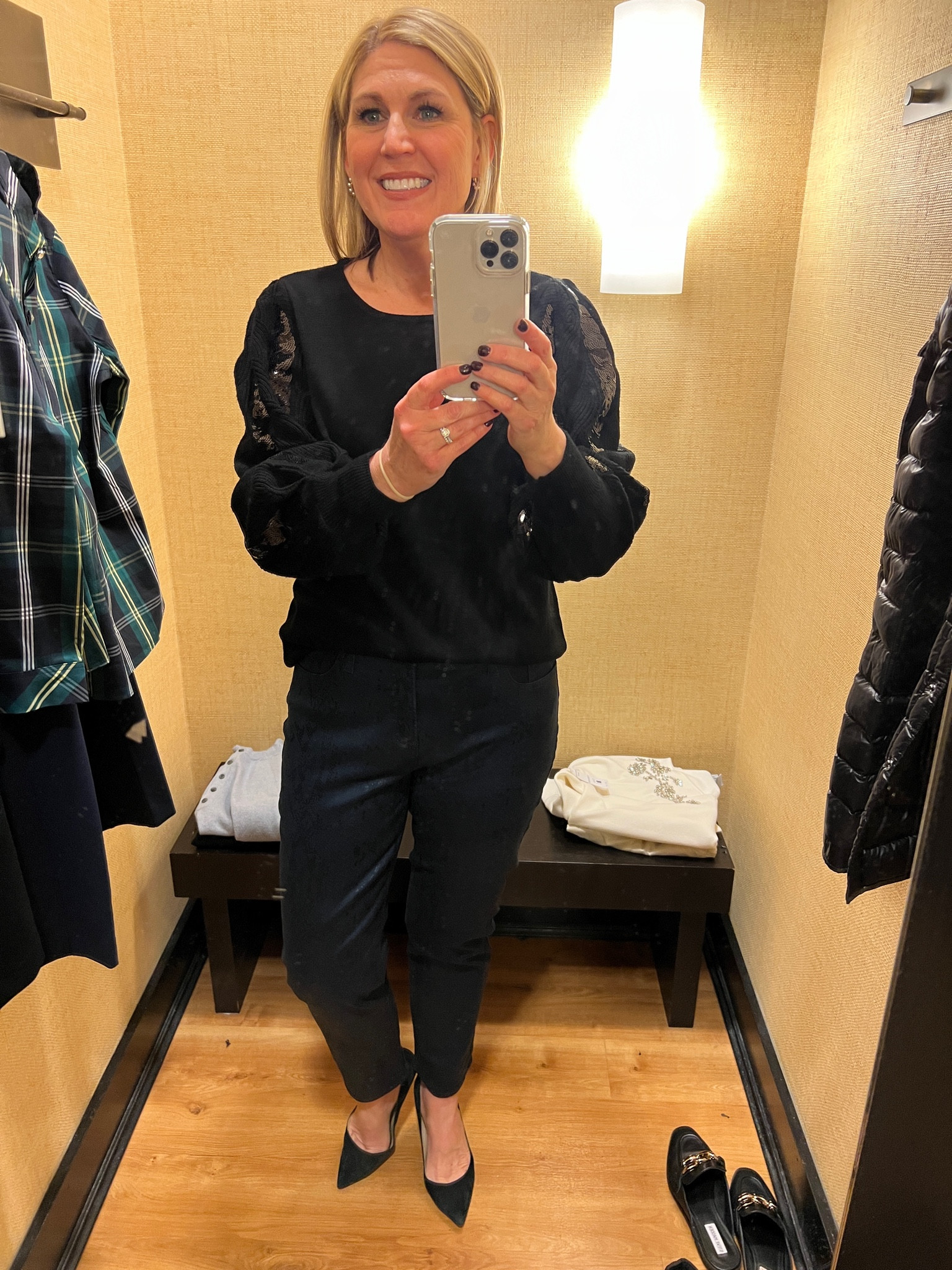 Sequin sleeve sweater comes in 3 colors. Runs roomy. The denim is AWESOME!! The snakeskin pattern is barely visible buts add the pizzazz!!! Super soft. Run tts.

#LTKSeasonal #LTKshoecrush #LTKHoliday