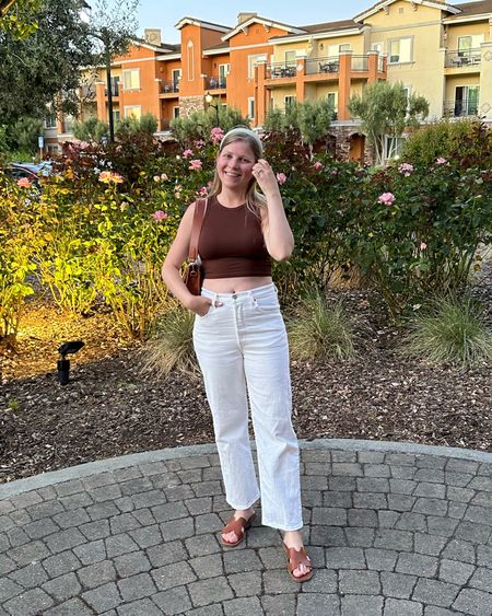 White ribcage jeans and brown crop top  