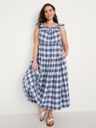 Flutter-Sleeve Tiered Smocked Gingham Midi Swing Dress for Women | Old Navy (US)