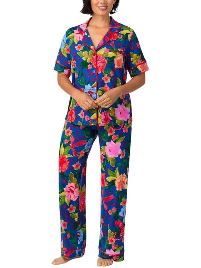 Room Service Women’s Pajama Sets, Short Sleeve Soft Stretch Jersey Button-Down Top with Open Le... | Walmart (US)