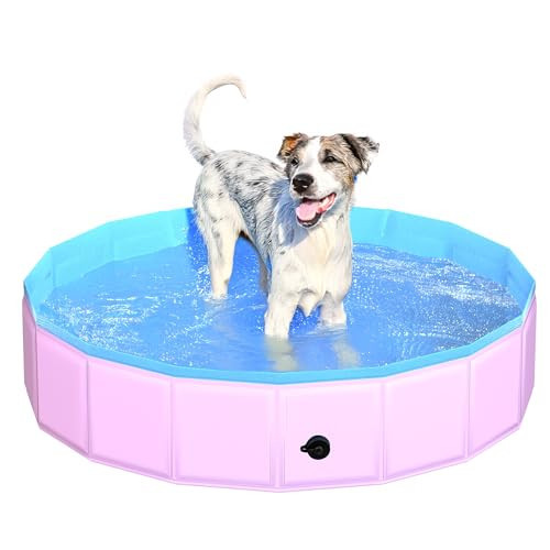 CACSPS 2025 Updated Foldable Dog Pool, 39.5" x 12" Kiddie Pool with Hard Plastic, Non-Slip Dog Bath Tub for Outdoor Backyard, Collapsible Dog Swimming Pool for Kids Dogs Pets (Pink) | Amazon (US)