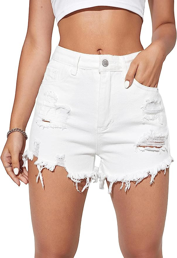 WDIRARA Women's High Waisted Raw Hem Distressed Ripped Casual Denim Shorts | Amazon (US)