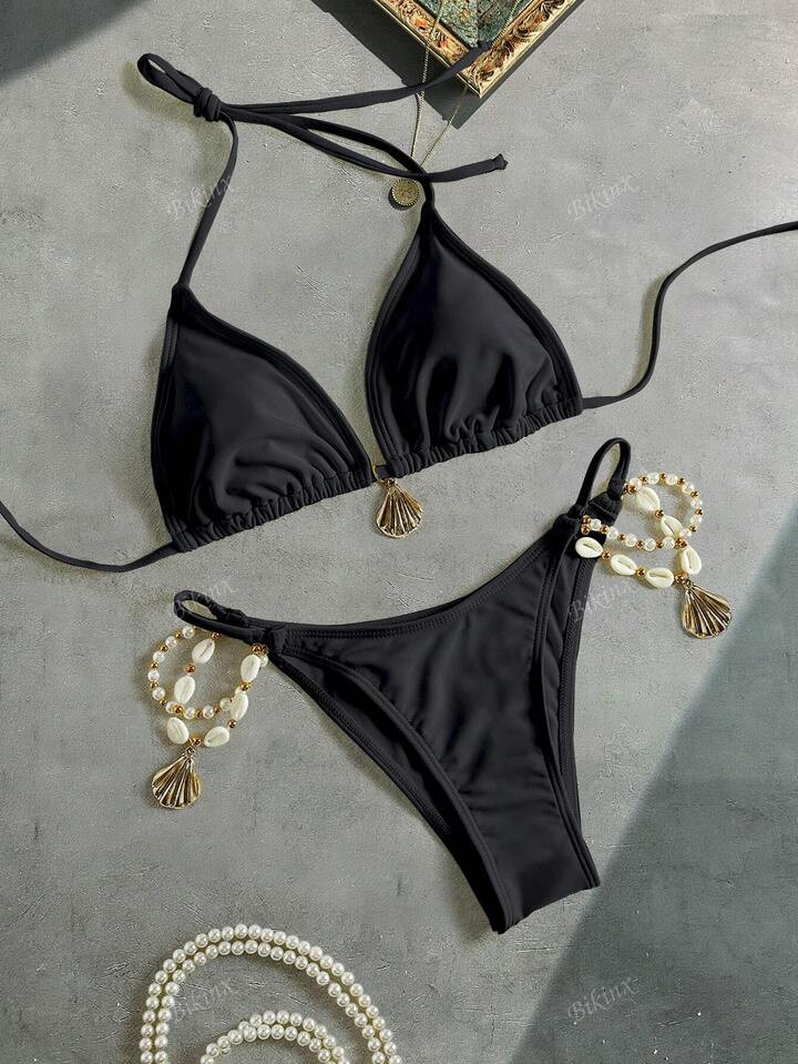 Bikinx Women's Summer Triangle Cup Bikini Set Shell Beaded Decoration Beach Swimsuit Set | SHEIN
