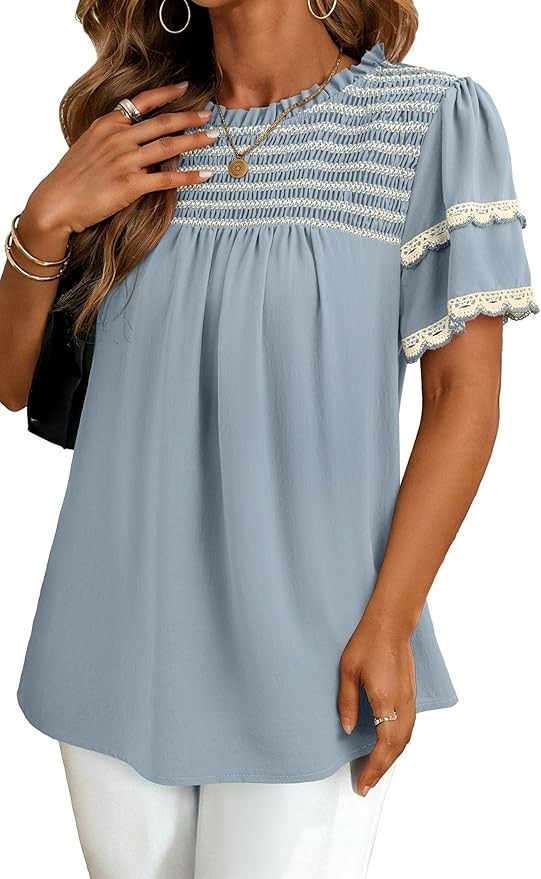 Dokotoo Womens Summer Tops Crewneck Ruffle Short Sleeve Shirts Casual Pleated Blouses Flowy Boho ... | Amazon (US)