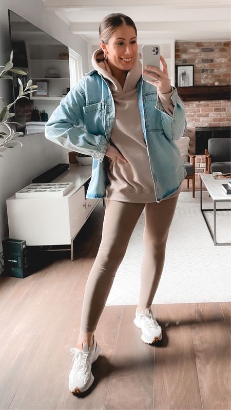 Athleisure outfit for a rainy and cold weekday.  

Leggings | denim jacket | jean jacket | new balance | sneakers | hoodie 

#LTKfit #LTKshoecrush #LTKFind