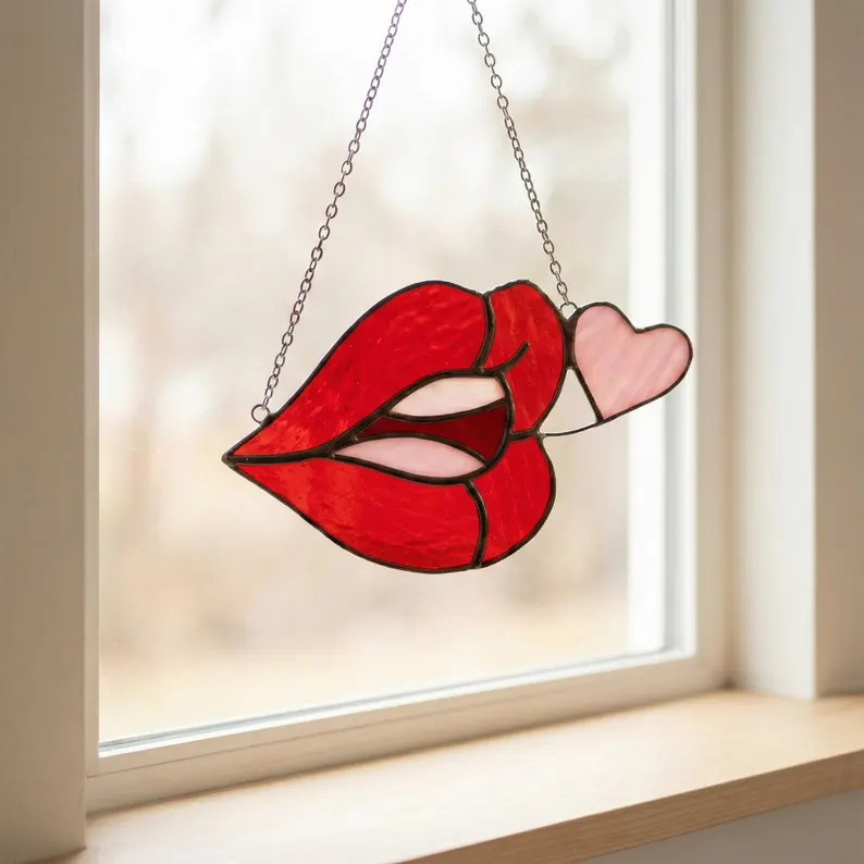 Stained Glass Lips Suncatcher With Heart, Valentine's Day Gift for Him Her, Red Lips Window Hangi... | Etsy (US)