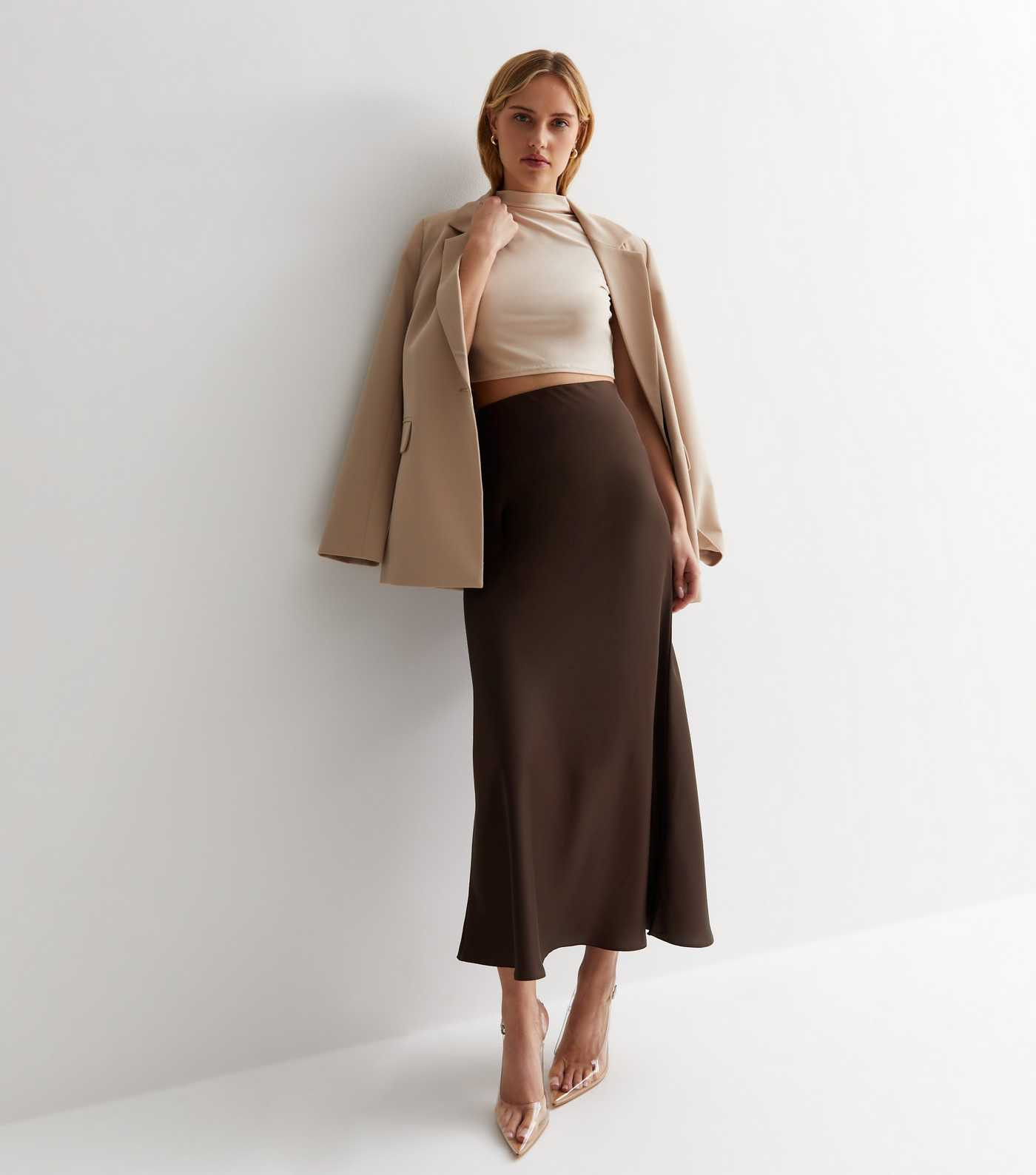 Dark Brown Satin Bias Cut Midi Skirt | New Look | New Look (UK)
