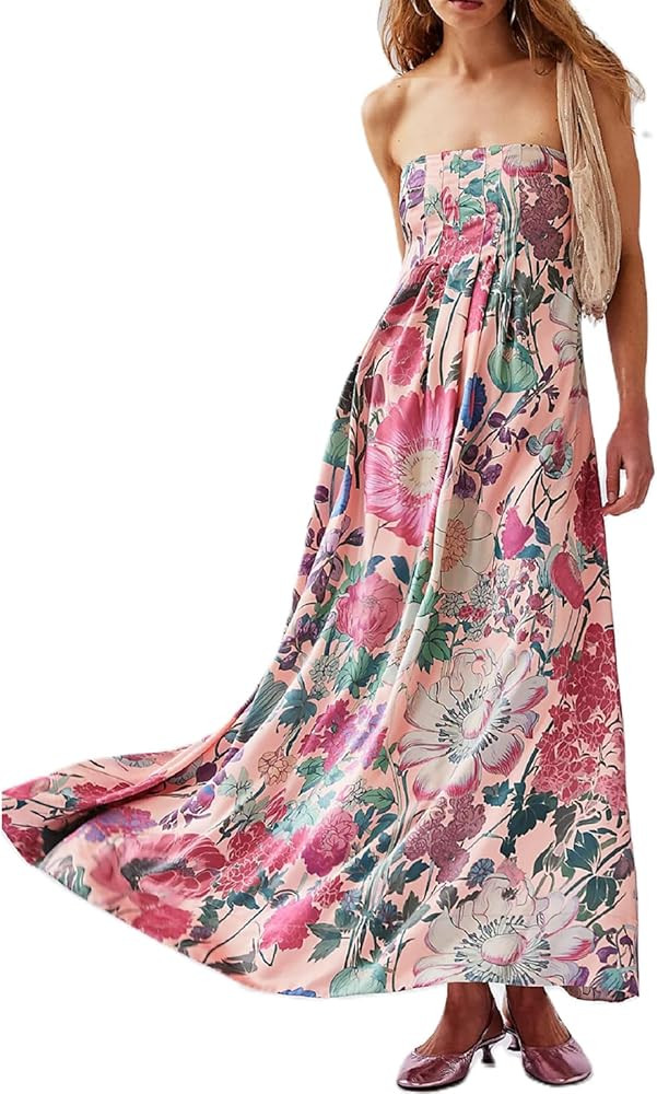 Women Boho Floral Tie Shoulder Maxi Dress Flowy Patchwork Smocked Long Sundresses Summer Ruffle Y... | Amazon (US)
