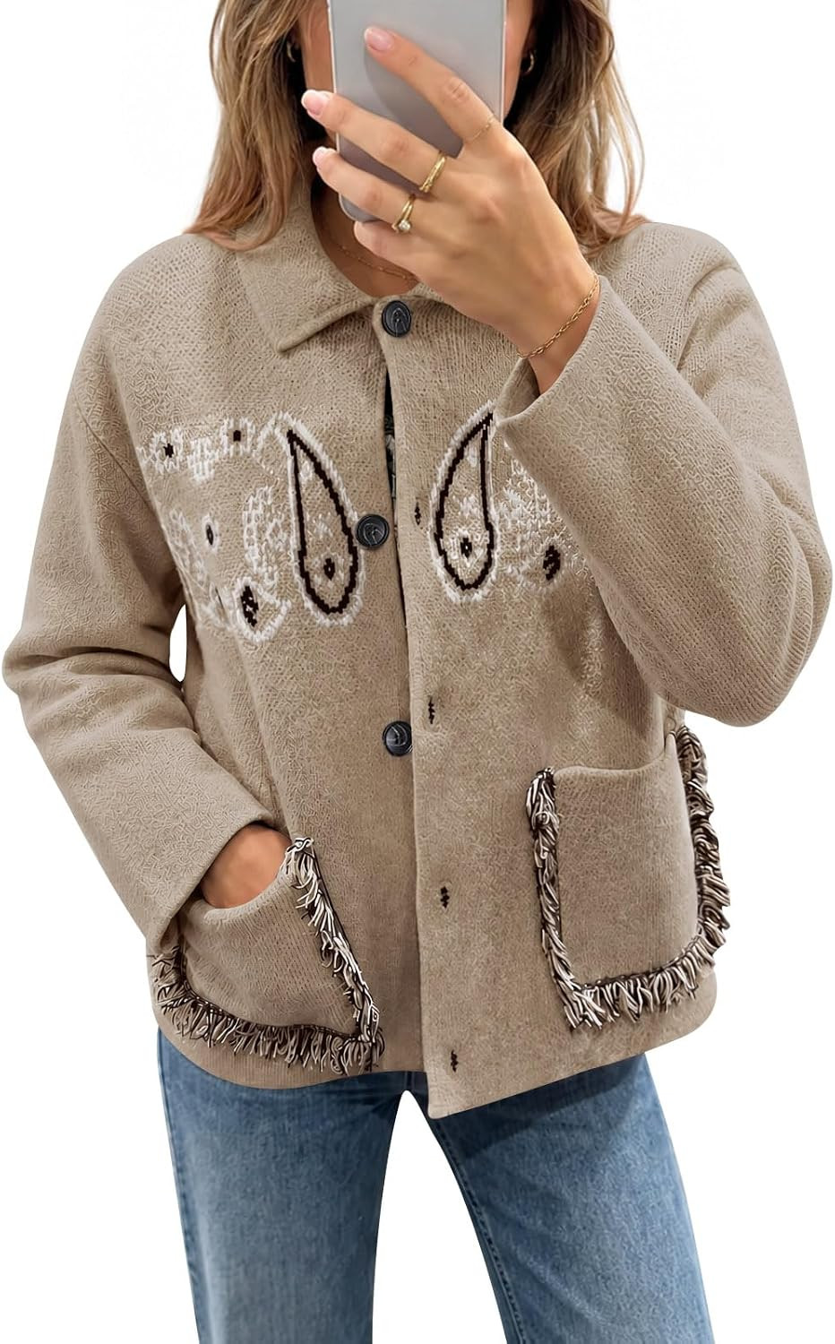 Saodimallsu Womens Boho Cardigan Fringe Paisley Fall Sweater with Pockets | Amazon (US)