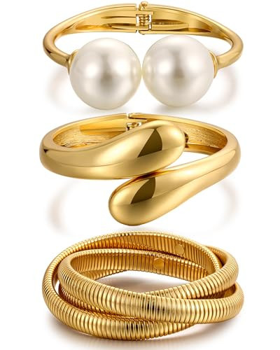 iF YOU Chunky Gold Bangle Bracelets for Women, Big Pearl Stretch Bangles Set, Trendy Stackable Chain Bracelet Stack Fashion Accessories Jewelry Gifts (Gold-pearl) | Amazon (US)