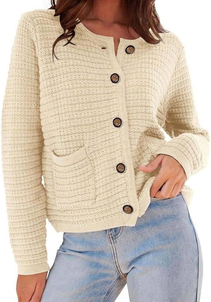 Juakoso Women's Knit Cardigan Sweaters Open Front Button Down Long Sleeve Pockets Casual Slim Kni... | Amazon (US)