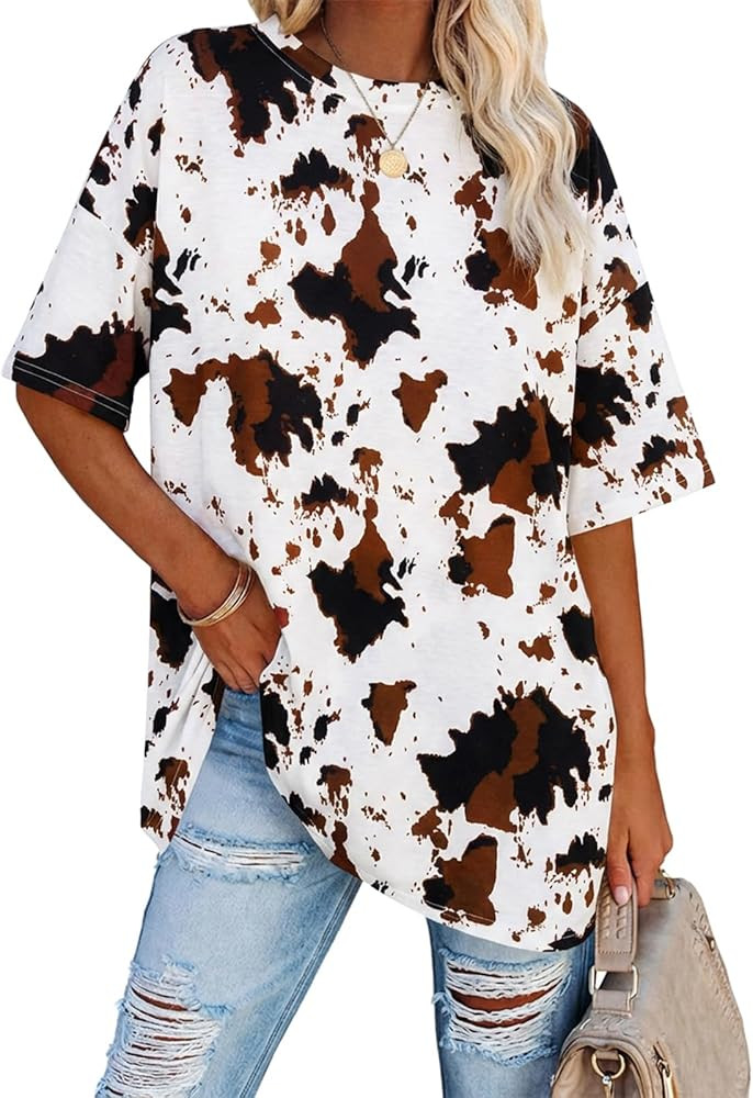Fisoew Womens Oversized Cow Print T Shirts Tees Half Sleeve Crew Neck Cotton Tunic Tops at Amazon... | Amazon (US)