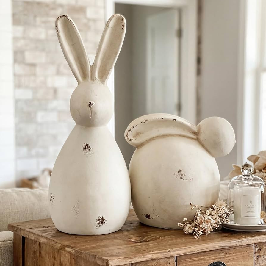 Youyole Set of 2 Rustic Easter Bunny Figurines Large Vintage Terracotta Rabbit Decorations Handma... | Amazon (US)