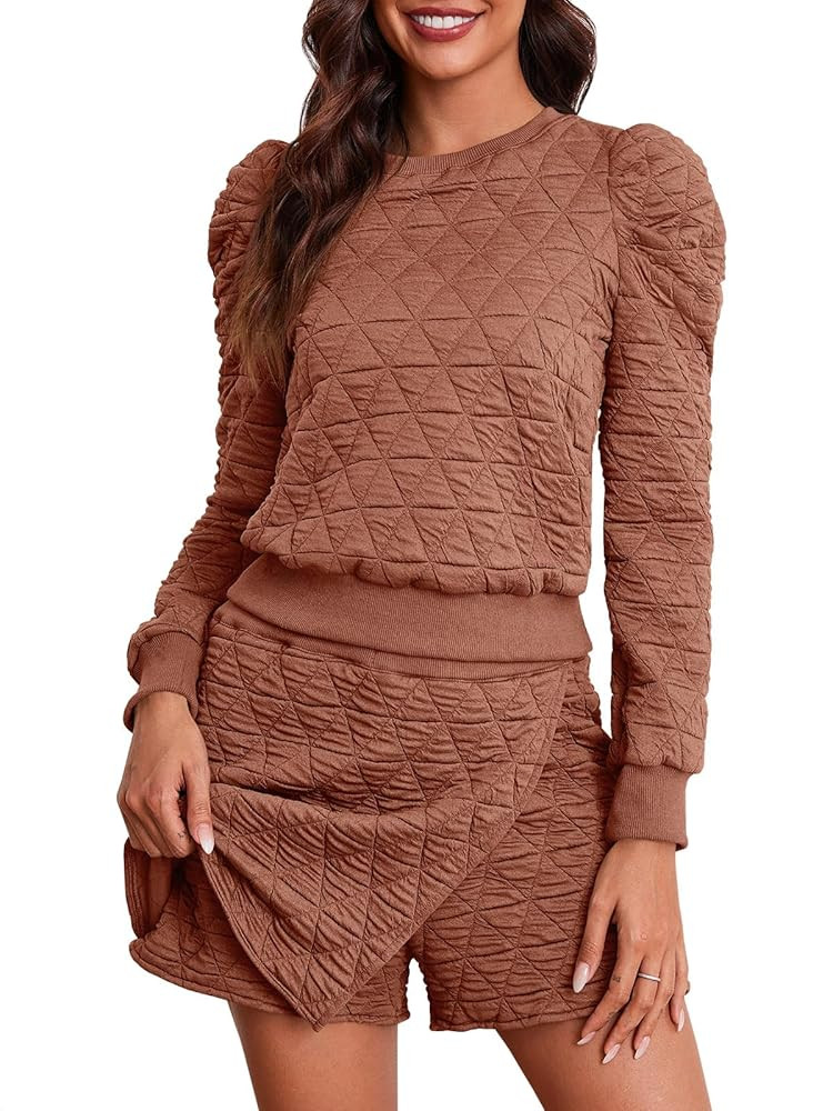 Fisoew Women's 2 Piece Lounge Wear Set Long Sleeve Argyle Sweatshirts and Wrap Skorts Casual Sets | Amazon (US)