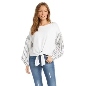 Fifteen Twenty Striped Sleeve Crew Neck Tie Front Sweater Top Size Small | Poshmark