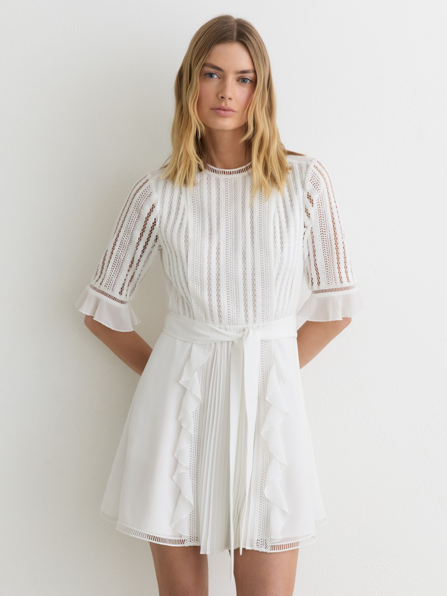 Reiss Lace-Detail Belted Mini Dress in Ivory - REISS | Reiss UK