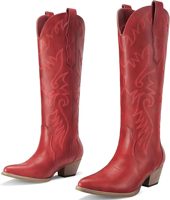 Rollda Cowboy Boots for Women Cowgirl Boots Embroidered Knee-High Western Boots Pointy Toe with C... | Amazon (US)