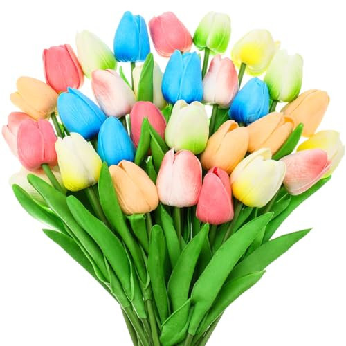 Lyrow 30 Pcs Tulips Artificial Bouquet Flowers Faux Tulips for Home Kitchen Wedding Decorations,Gift Idea for Easter Decor Mother's Day Birthdays(Colorful) | Amazon (US)