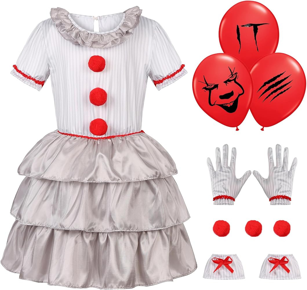 Halloween Clown Costume Dress Girls Kids Scary Movie Cosplay Outfits | Amazon (US)