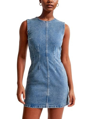 Daacee Women’s Sleeveless Bodycon Denim Mini Dress Casual Waist Tucks Tank Jean Dresses(0756-Blue-XS) | Amazon (US)