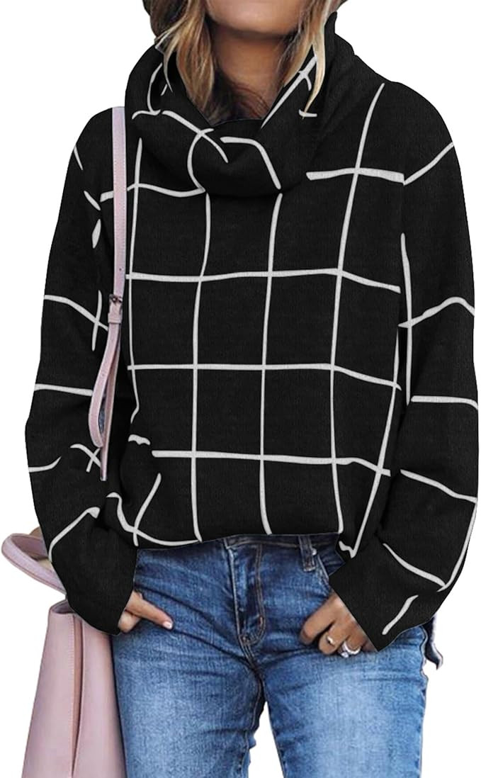 KIRUNDO Womens Sweaters 2023 Trendy Fall Winter Turtleneck Long Sleeve Plaid Chunky Knit Pullover... | Amazon (US)
